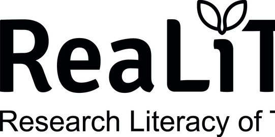 ReaLiTea project logo: Research Literacy for Teachers: schwarz-weiß, Teeblatt ueber dem i