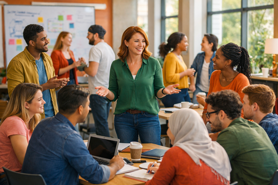 Seminarsituation: In der Mitte steht eine Lehrkraft, umgeben von mehreren Gruppen diskutierender Studierender.