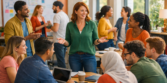 Seminarsituation: In der Mitte steht eine Lehrkraft, umgeben von mehreren Gruppen diskutierender Studierender.