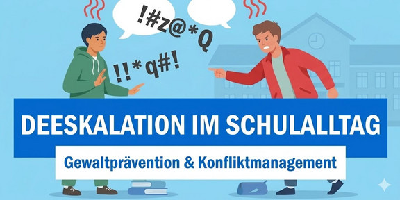 Konflikt zwischen zwei Schülern. Einer deeskaliert mit einer Stopp-Geste, der andere schimpft (gezeigt durch wirre Symbole). Davor ein Banner mit der Aufschrift: Deeskalation im Schulalltag