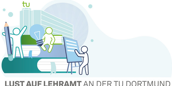 Keyvisual mit dem Mathetower im Hintergrund und drei Figuren