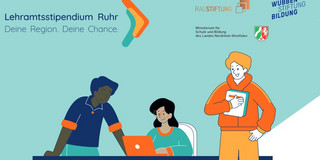 Banner zum „Lehramtsstipendium Ruhr“ mit dem Slogan „Deine Region. Deine Chance.“ Drei illustrierte Personen arbeiten gemeinsam an einem Tisch. Oben sind die Logos der RAG-Stiftung, der Wübben Stiftung Bildung sowie des Ministeriums für Schule und Bildung NRW abgebildet.