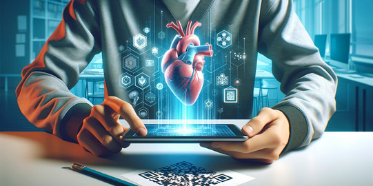 Person mit Tablet in der Hand und virtueller Darstellung eines Herzens