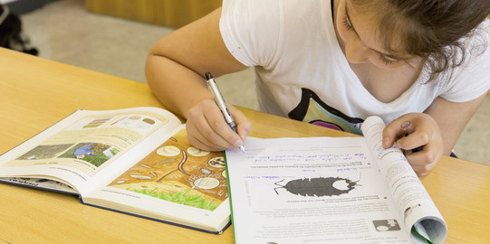 Ein Schülerin sitz in der Klasse und arbeitet in einem Hef