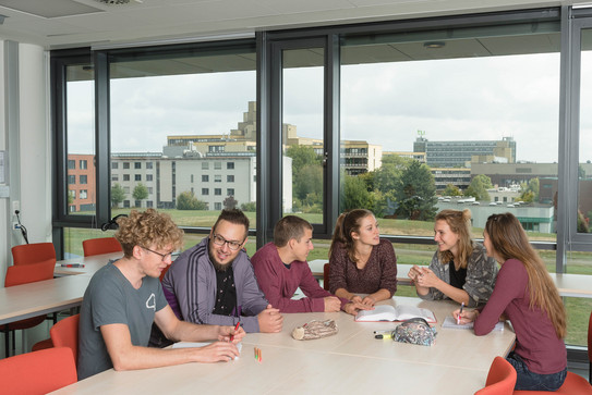 Studierende sitzen mit Lernunterlagen am Tisch.