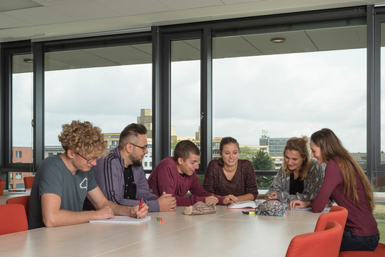Studierende sitzen mit Lernunterlagen am Tisch.