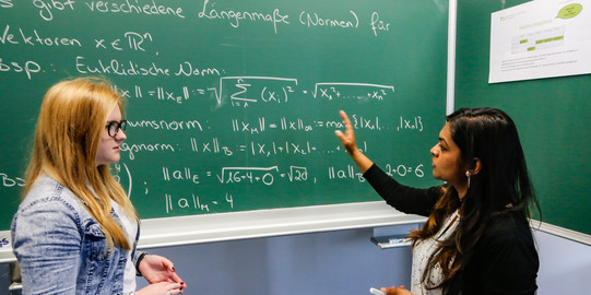 Zwei Personen stehen vor einer Tafel, auf die mit Kreide Formeln geschrieben sind. Die Person rechts zeigt mit dem Arm auf die Tafel und spricht. Die Person links sieht die Person rechts an.